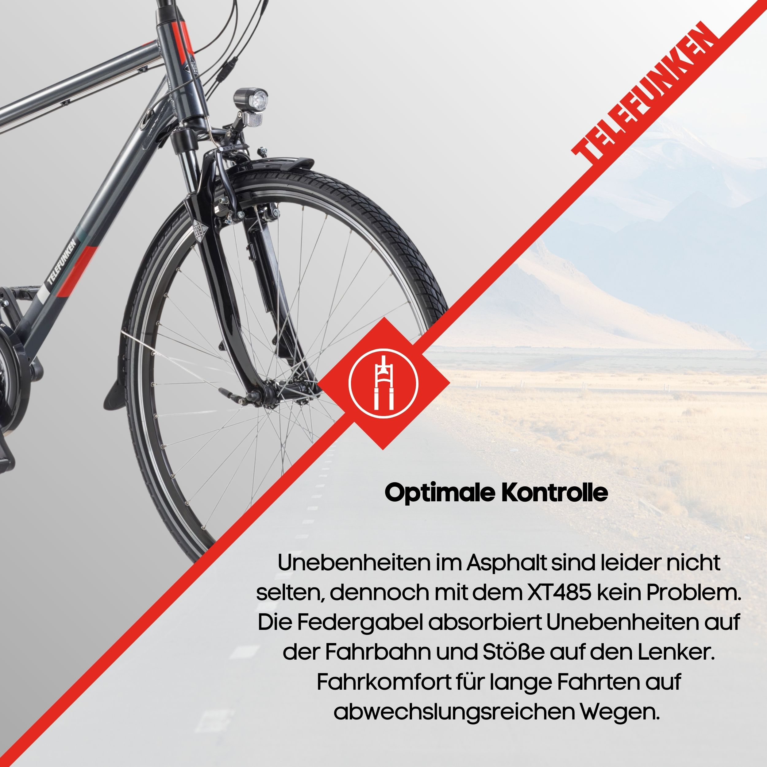 Ein Fahrrad mit dem Telefunken-Logo. Das Fahrrad ist schwarz und grau, vor einem Hintergrund mit Farbverlauf und einer roten Linie.