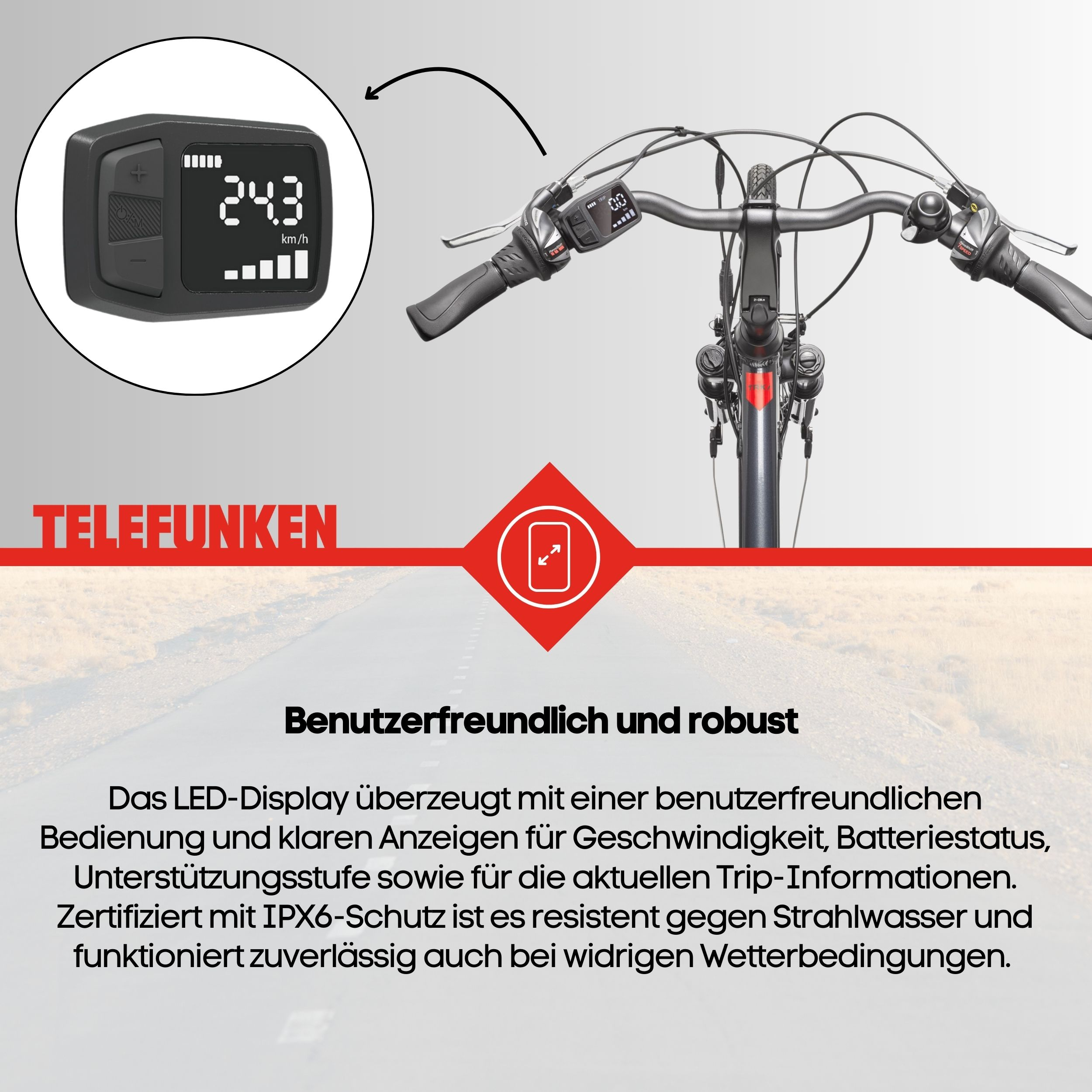 Ein E-Bike-Lenker mit Display, das die Geschwindigkeit 24,3 km/h anzeigt. Text: TELEFUNKEN, benutzerfreundliches und robustes Design.