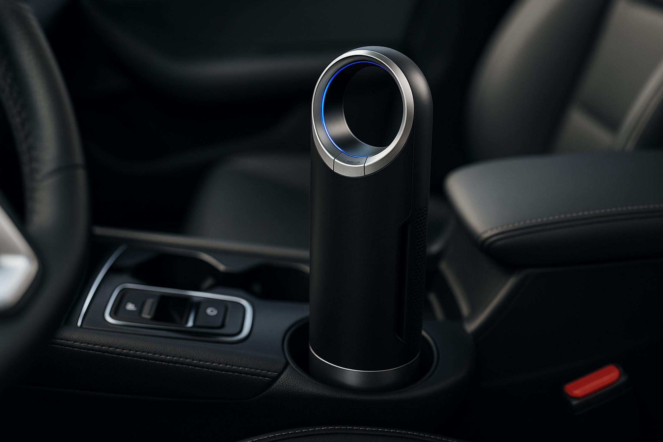 Ein schwarzer Luftreiniger mit blauem Ringlicht steht im Getränkehalter eines Autos. Der Innenraum ist aus schwarzem Leder.