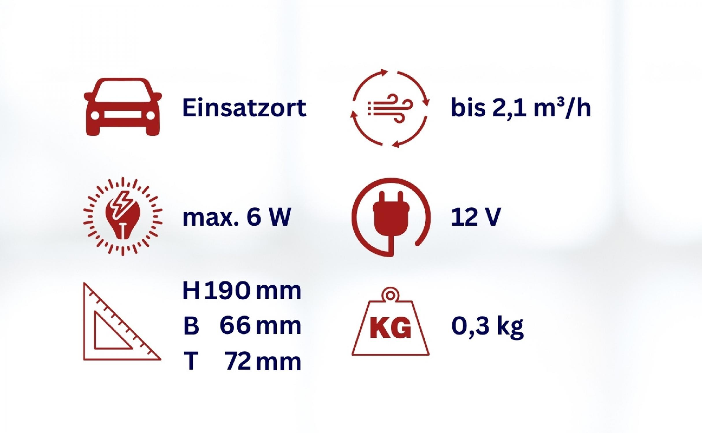 Das Bild zeigt Symbole und Text. Enthält ein Auto, ein Luftstromsymbol, einen Stecker, Abmessungen, Gewicht und Spannung.