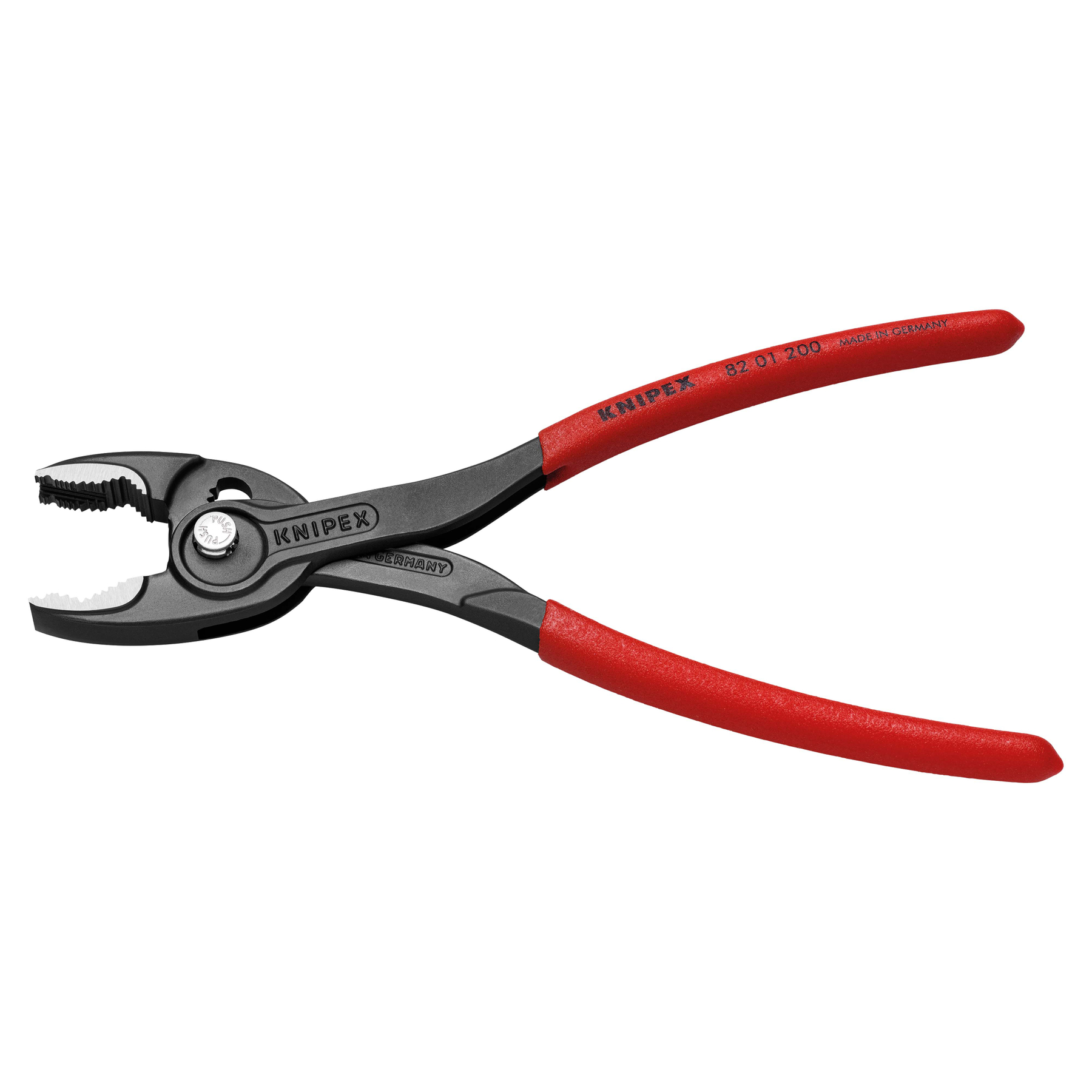 Szczypce Knipex z czarnymi szczękami i uchwytami, czerwone uchwyty. Wyprodukowano w Niemczech. Izolowane na białym tle.