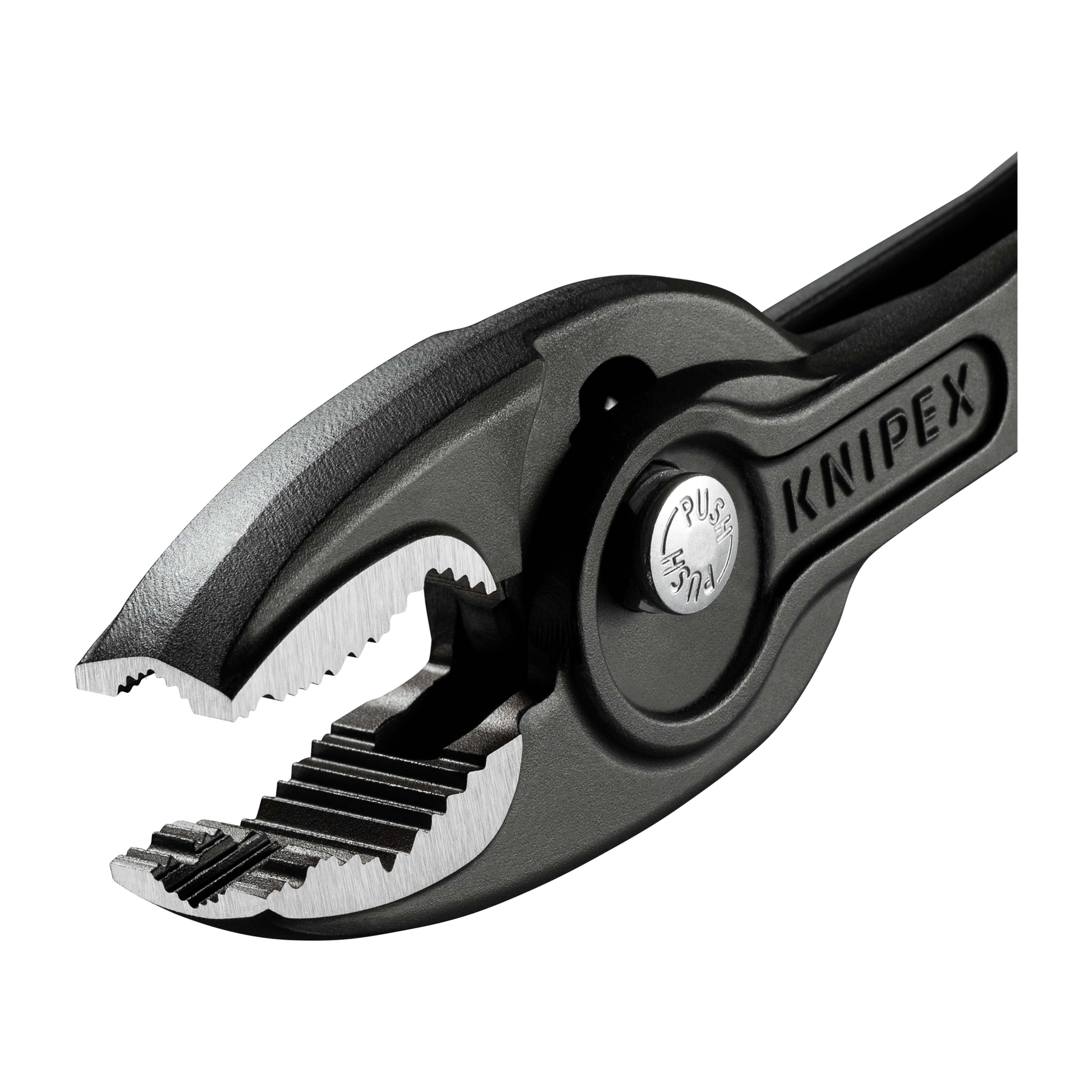 Zbliżenie czarnych szczypiec Knipex. Szczęki są otwarte, odsłaniając ząbkowane powierzchnie chwytające. Widoczny jest napis 'KNIPEX'.