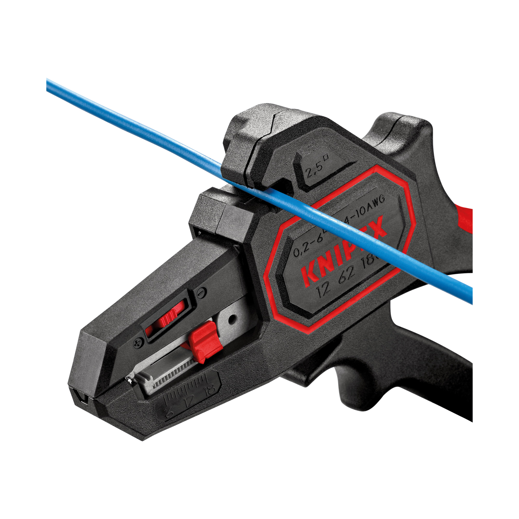 A blue wire being stripped by a black and red wire stripper tool. The tool is labeled with brand name and numbers.