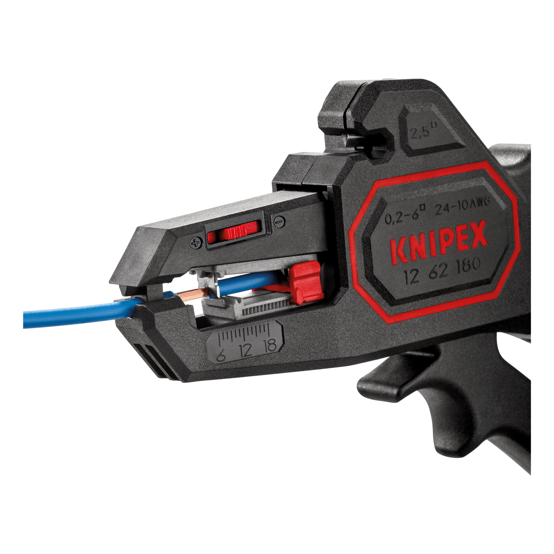 A black and red wire stripper is stripping a blue wire. The brand name KNIPEX is visible on the tool.