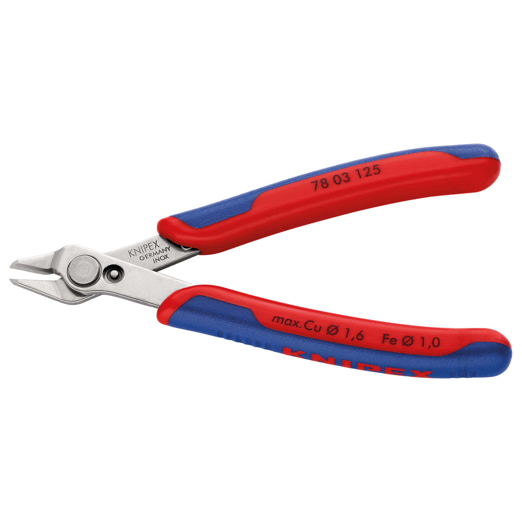 Red and blue handled Knipex wire cutter. The handles are red and blue. The cutter is stainless steel, with text on it.