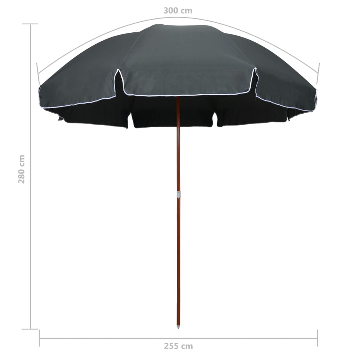 Un ombrello grigio scuro con bordi bianchi, aperto. Ha un palo di legno. Dimensioni indicate: 300 cm, 280 cm e 255 cm.