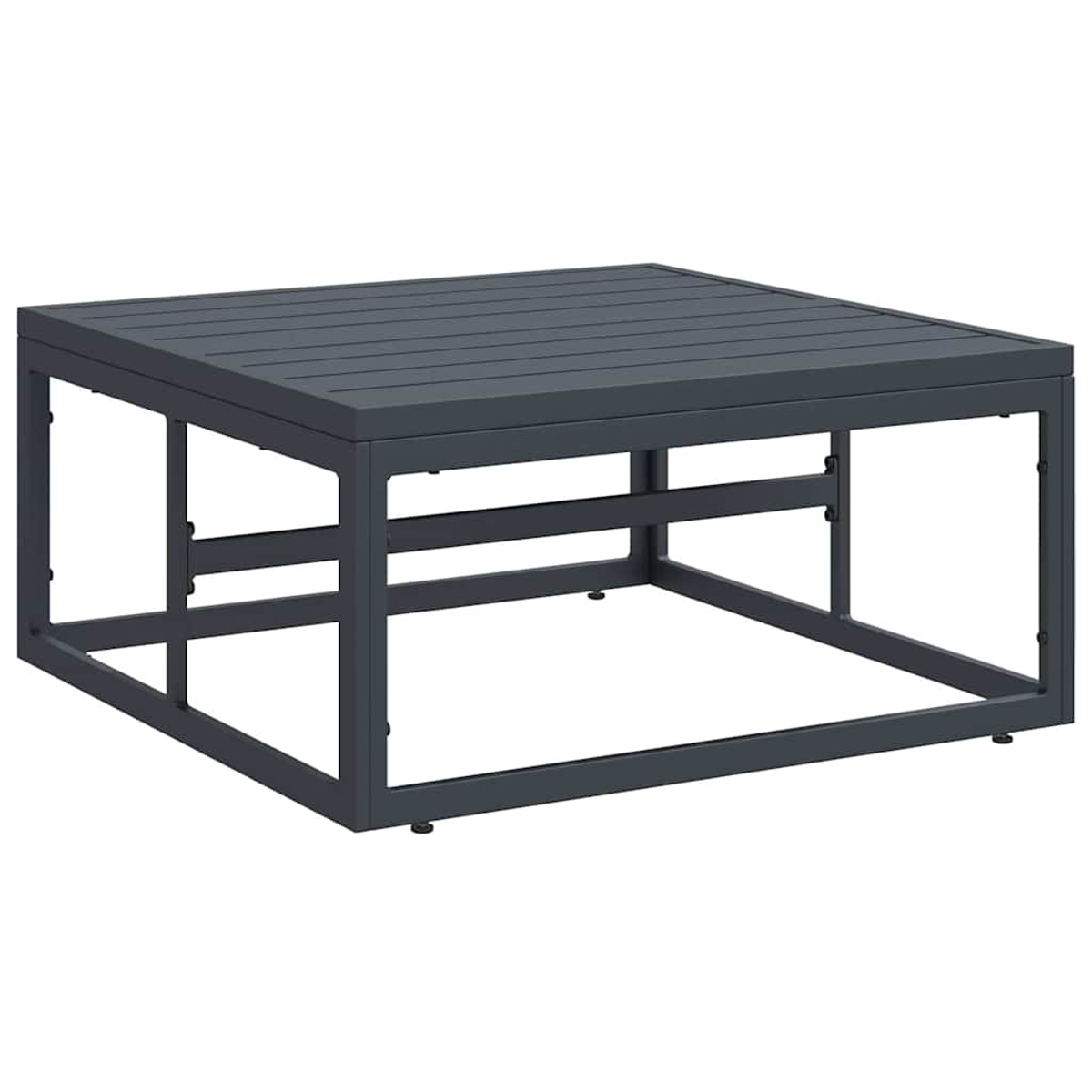 Un tavolino quadrato grigio scuro da esterno. Ha un piano a doghe e un telaio rettangolare. Anche le gambe sono grigie.