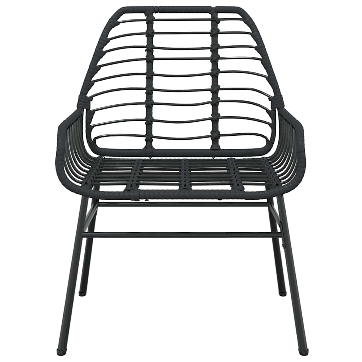Ein schwarzer Korbstuhl mit geschwungener Rückenlehne und Sitzfläche, Metallbeine. Der Stuhl steht vor weißem Hintergrund.