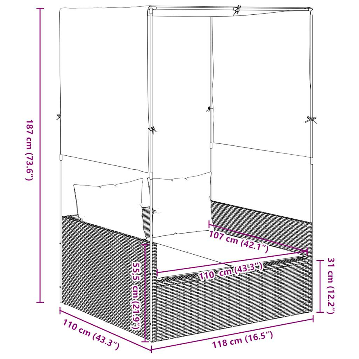Ein Tagesbett mit Baldachin im Rattan-Stil mit weißen Kissen. Abmessungen sind in Zentimetern und Zoll angegeben, Höhe, Breite und Tiefe.
