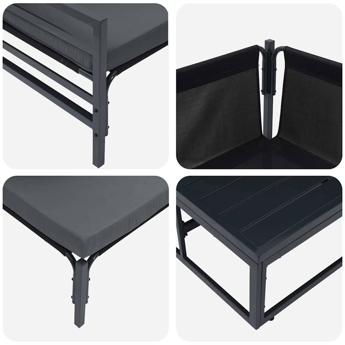 Primo piano dei componenti di mobili da esterno. Include un sedile con cuscino, uno schermo in tessuto e un telaio del tavolo, tutto in grigio scuro.