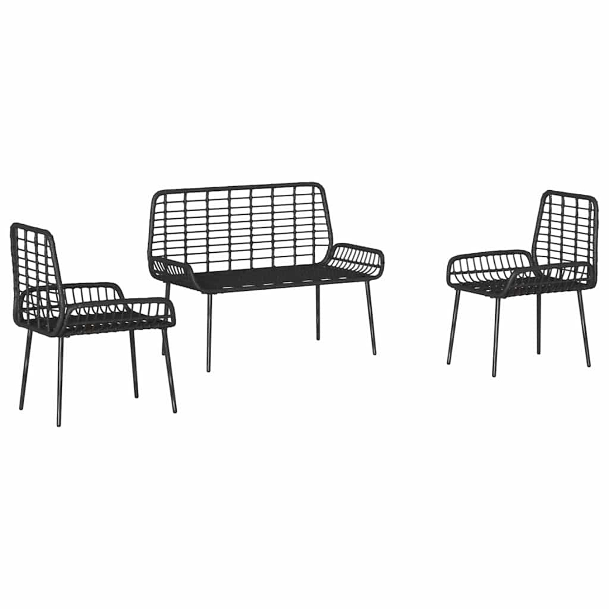 Drei schwarze Gartenmöbel aus Metall: eine Bank und zwei Stühle. Alle haben ein ähnliches Drahtrahmen-Design und stehen auf dünnen Beinen.