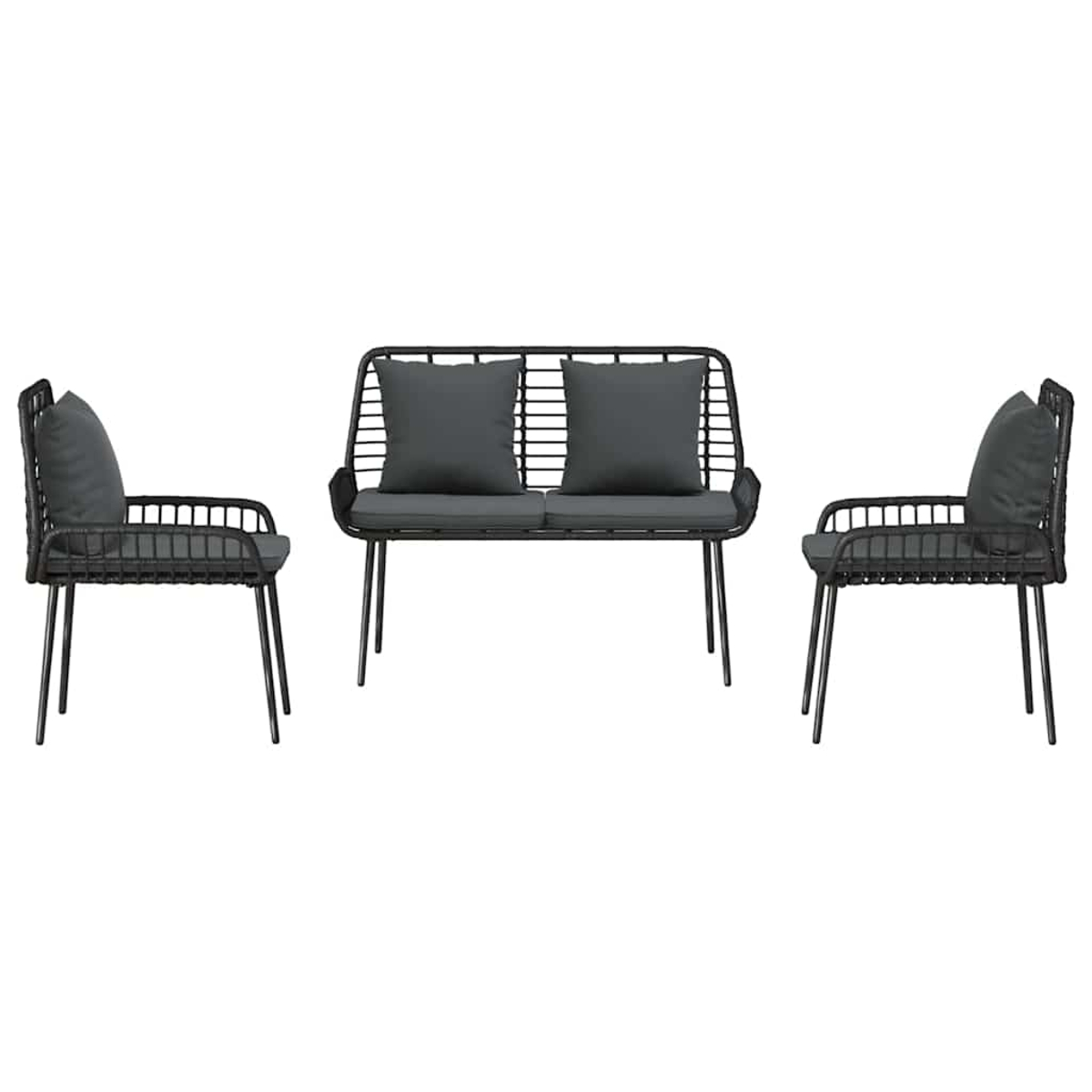 Gartenmöbel-Set mit einer Doppelsitzbank und zwei Sesseln. Alles aus schwarzem Metall mit grauen Kissen und Polstern, vor weißem Hintergrund.