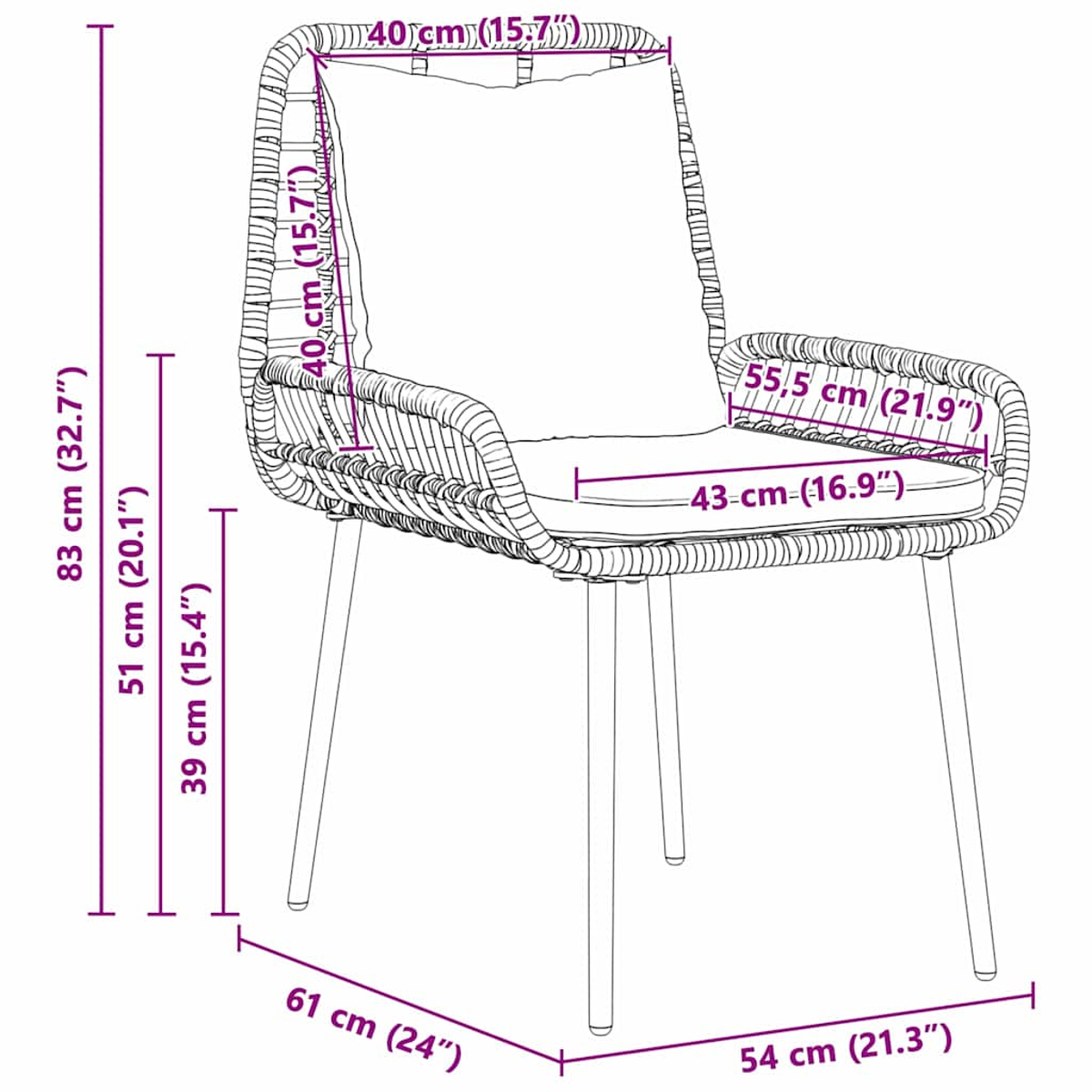 Diagramm eines Stuhls mit Maßen. Der Stuhl hat eine gewebte Rückenlehne und Sitzfläche mit Metallbeinen. Maße in cm und Zoll.