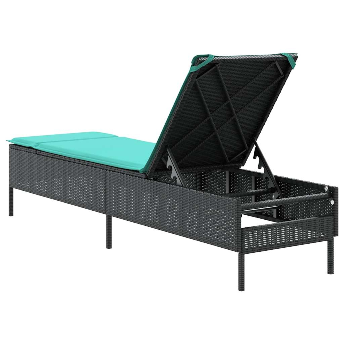 Eine schwarze Outdoor-Sonnenliege aus Korbgeflecht mit einem türkisfarbenen Kissen. Die Rückenlehne ist teilweise angehoben. Der Rahmen ist schwarz, die Beine sind dünn.