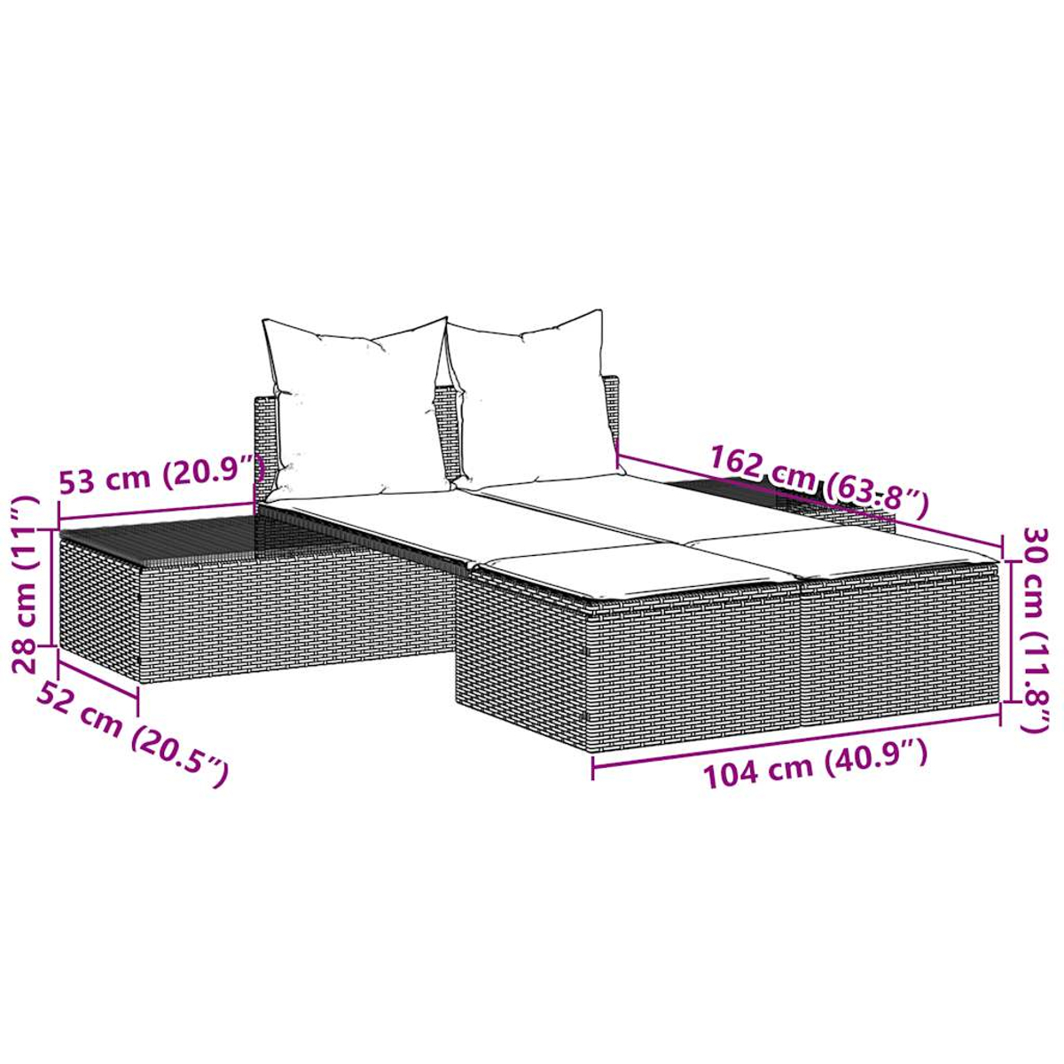 Ein Rattansofa mit Maßen. Es hat Kissen und Abmessungen in cm und Zoll.