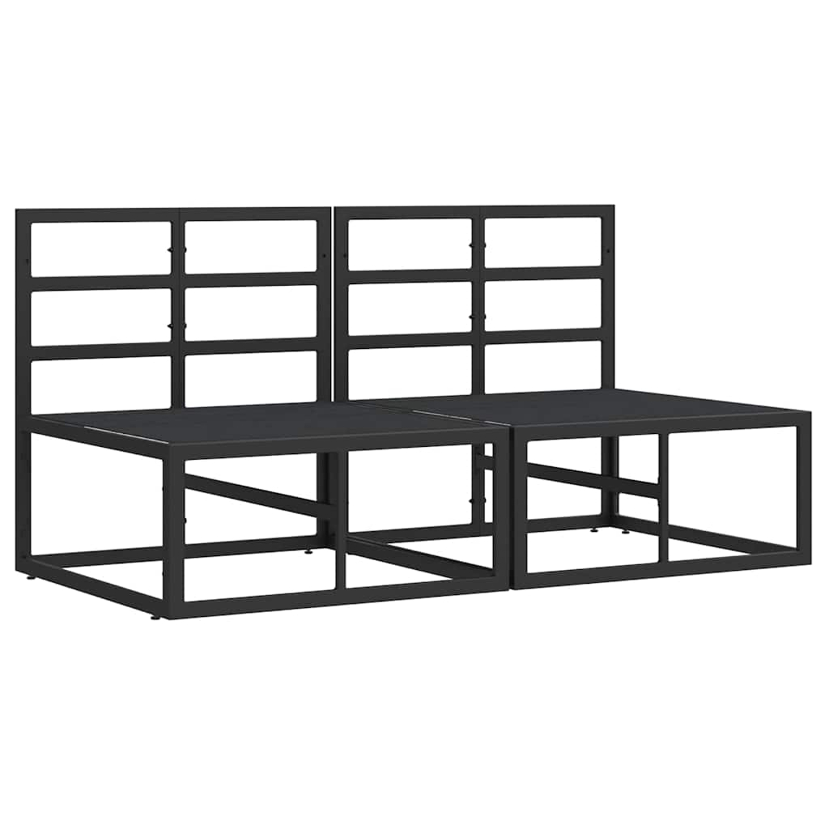 Se muestran dos bancos de metal negro. Cada banco tiene un asiento rectangular y un respaldo con patrón de rejilla.