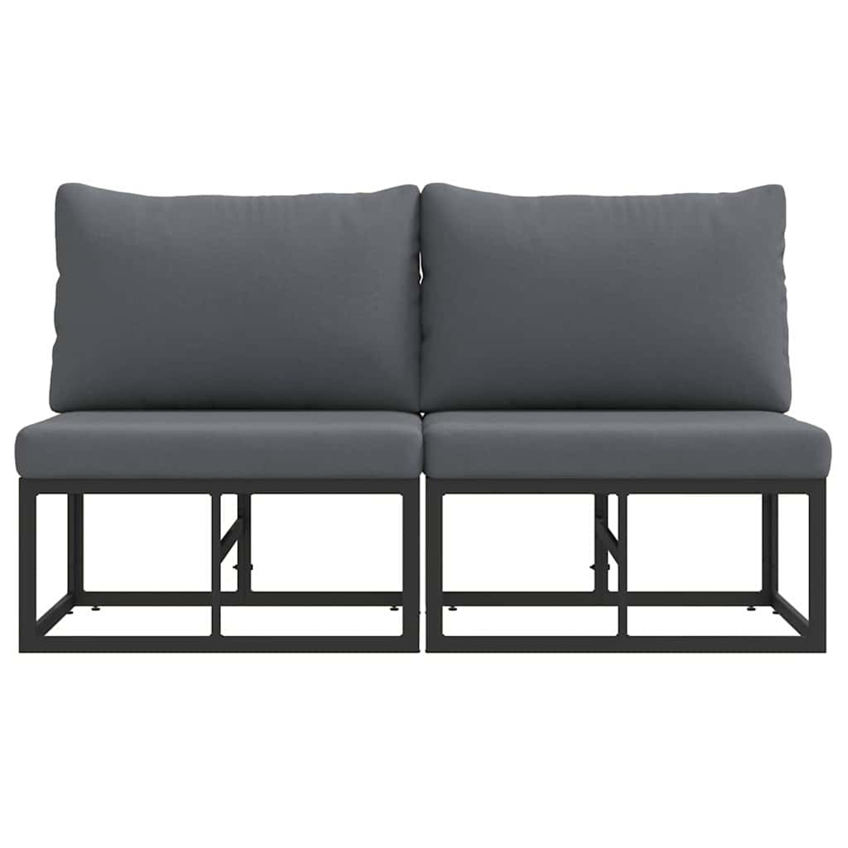 Sofá de dos plazas con cojines grises y estructura metálica negra. El sofá tiene dos cojines de asiento y dos cojines de respaldo.