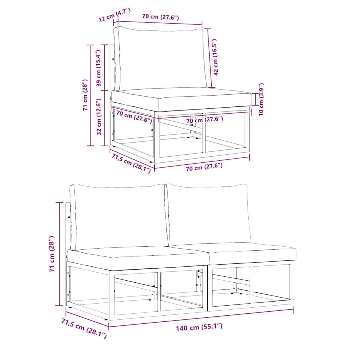 Diagrama de una silla individual y un sofá de dos plazas, con dimensiones en cm y pulgadas. Ambos son diseños sencillos y cuadrados.
