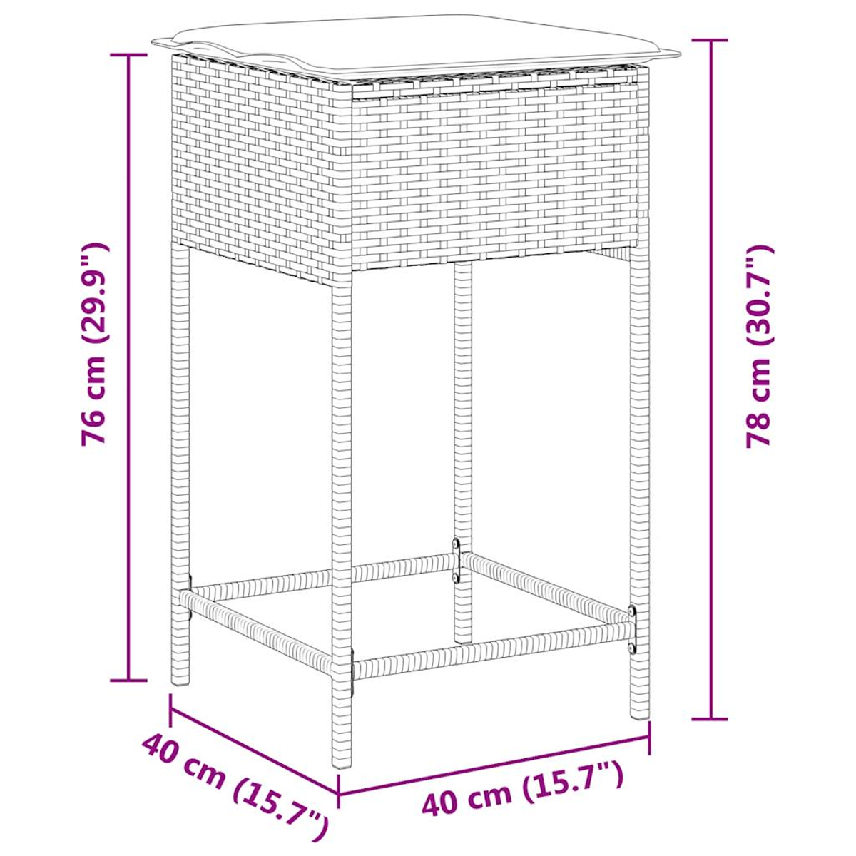 Ein Barhocker im Rattan-Stil wird gezeigt. Er hat einen quadratischen Sitz und einen gewebten, korbartigen Korpus. Maße sind in cm und Zoll angegeben.
