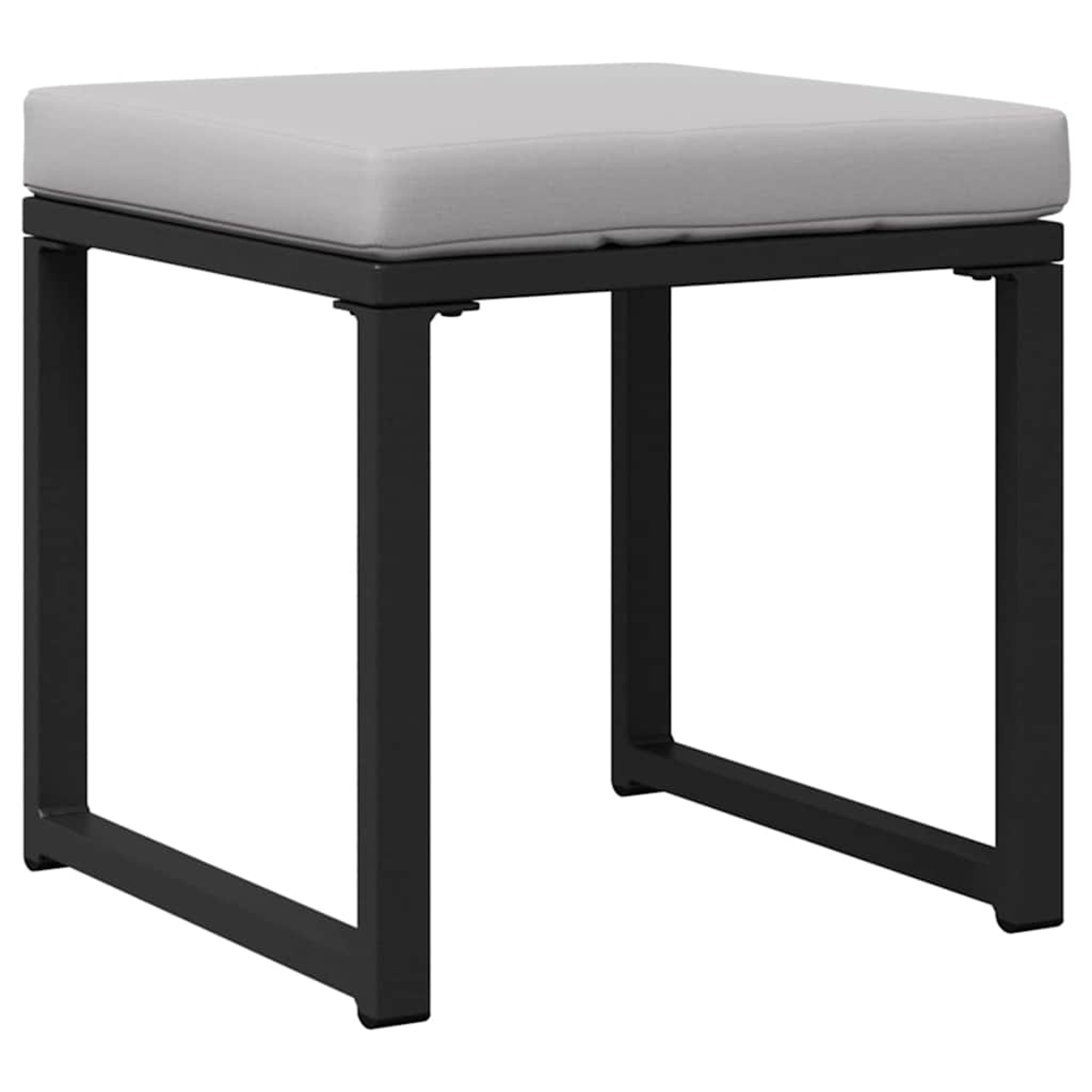 Ein quadratischer Hocker mit einem hellgrauen Kissen und einem schwarzen Metallrahmen. Der Rahmen ist quadratisch, mit vier Beinen.