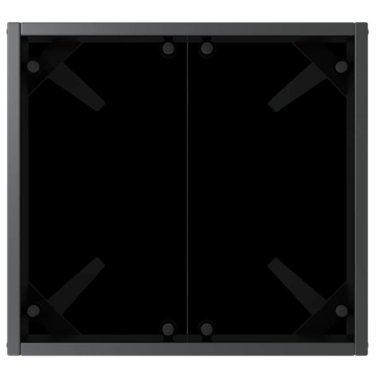 Draufsicht auf einen Schrank mit zwei schwarzen Glastüren, umrahmt von einer grauen Metallstruktur. Schwarze Stützen sichtbar.