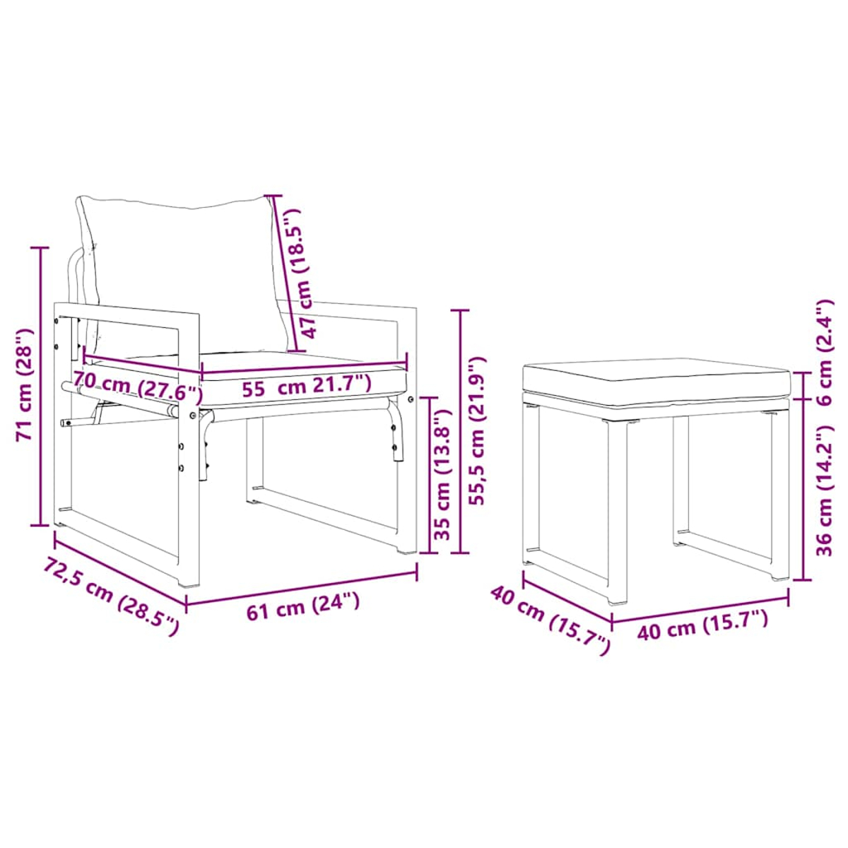 Ein Stuhl- und Fußhocker-Set, mit beschrifteten Abmessungen. Der Stuhl hat ein Kissen und eine Rückenlehne. Der Hocker ist quadratisch.