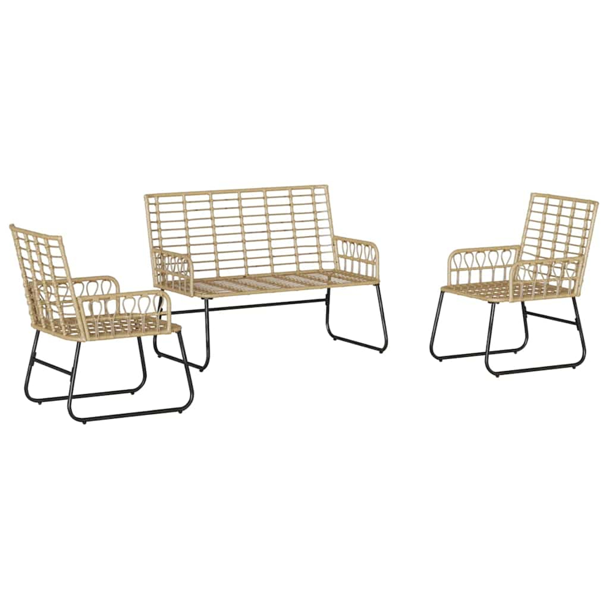 Ein Set aus gewebten Rattanmöbeln mit schwarzen Metallrahmen. Es beinhaltet eine Zweisitzer-Bank und zwei Sessel, alle auf weißem Hintergrund.