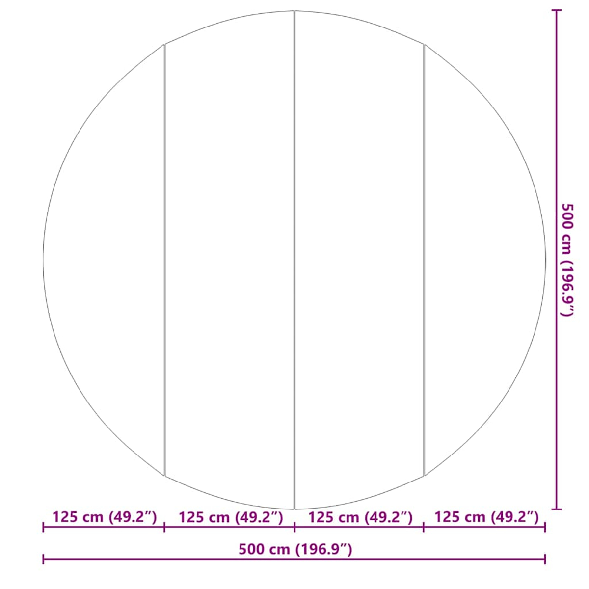 Ein großes, kreisförmiges Diagramm mit Maßen. Es zeigt einen Kreis, der in vier gleiche Abschnitte unterteilt ist, mit Abmessungen in cm und Zoll.