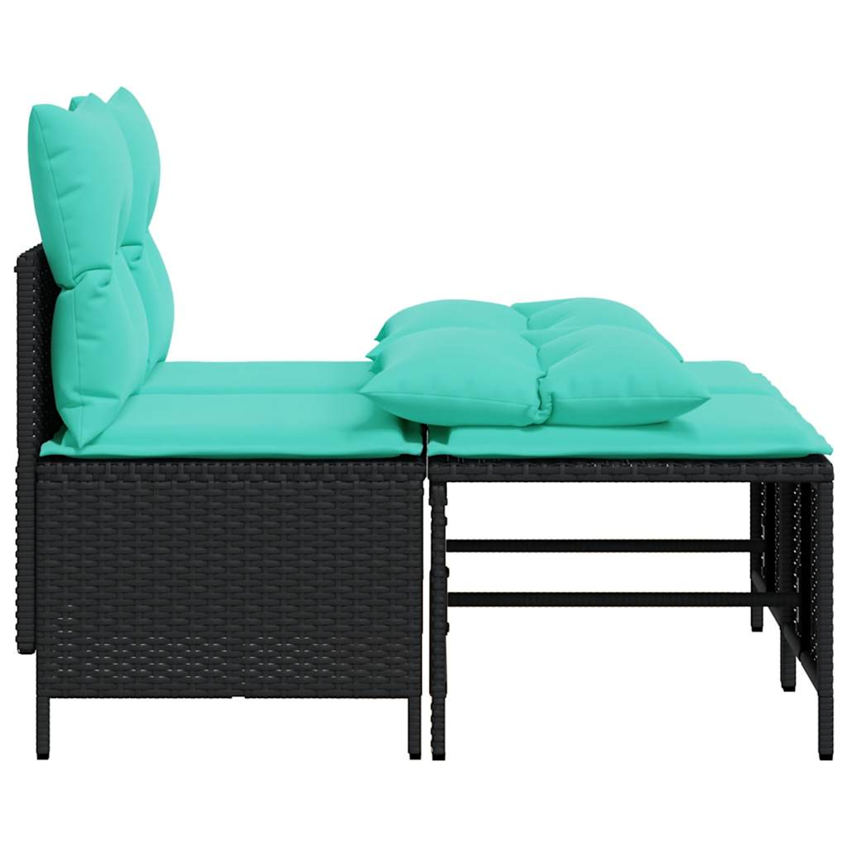 Seitenansicht eines schwarzen Rattan-Outdoor-Sofasets mit türkisfarbenen Kissen. Das Set umfasst ein Sofa und eine Ottomane.