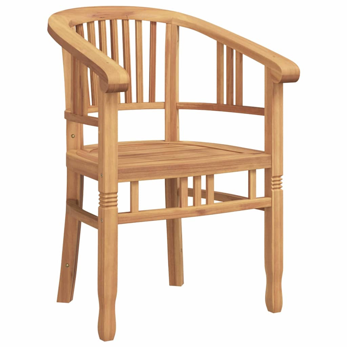 Ein Holzstuhl mit gebogenen Armlehnen und Rückenlehne. Der Stuhl hat eine Lattenlehne und -sitz und ist aus hellbraunem Holz gefertigt.