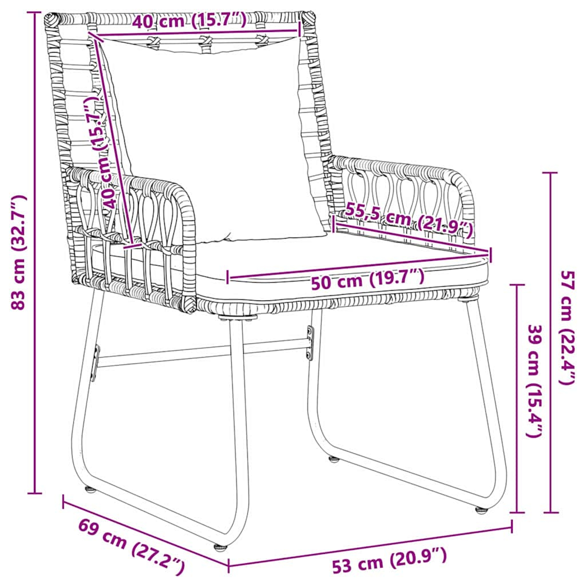 Ein Diagramm eines Stuhls mit Abmessungen. Der Stuhl hat eine gewebte Rückenlehne und einen Sitz, Metallbeine. Die Abmessungen sind in cm und Zoll angegeben.