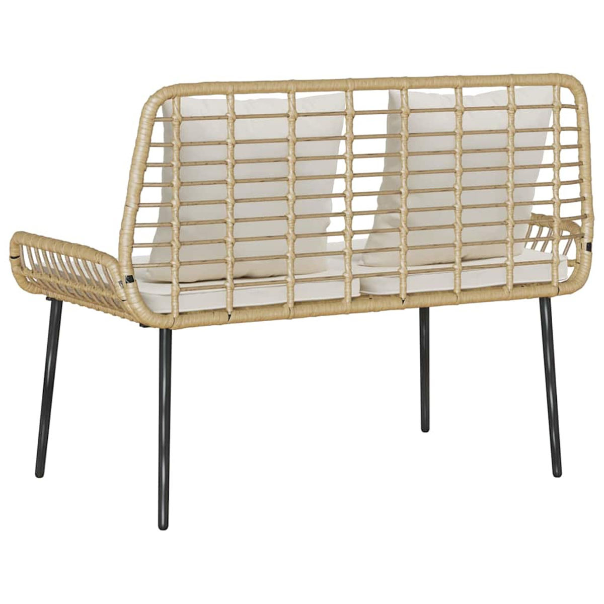 Eine beige gewebte Bank mit schwarzen Beinen und zwei weißen Kissen. Sie hat eine abgerundete Rückenlehne und Armlehne. Der Hintergrund ist weiß.