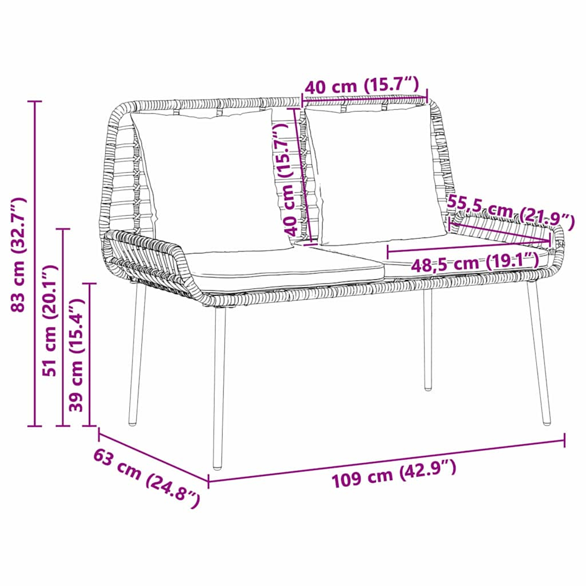 Ein Zweisitzer-Sofa für den Außenbereich mit Maßangaben. Es hat Kissen und ein gewebtes Gestell.