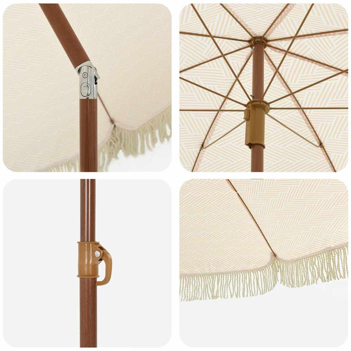 Quattro primi piani di un ombrellone color crema con palo e struttura in legno. L'ombrellone ha frange e un motivo geometrico.