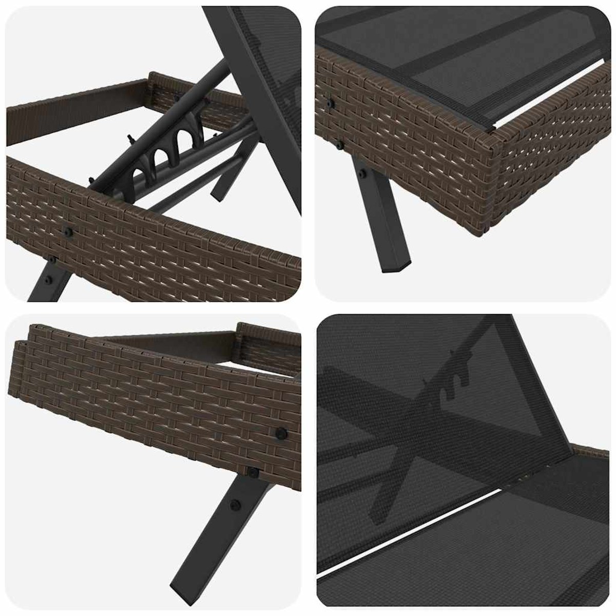 Vier Nahaufnahmen eines braunen, gewebten Outdoor-Stuhls. Der Stuhl hat eine schwarze Netzsitze und -lehne mit schwarzem Metallrahmen und Beinen.