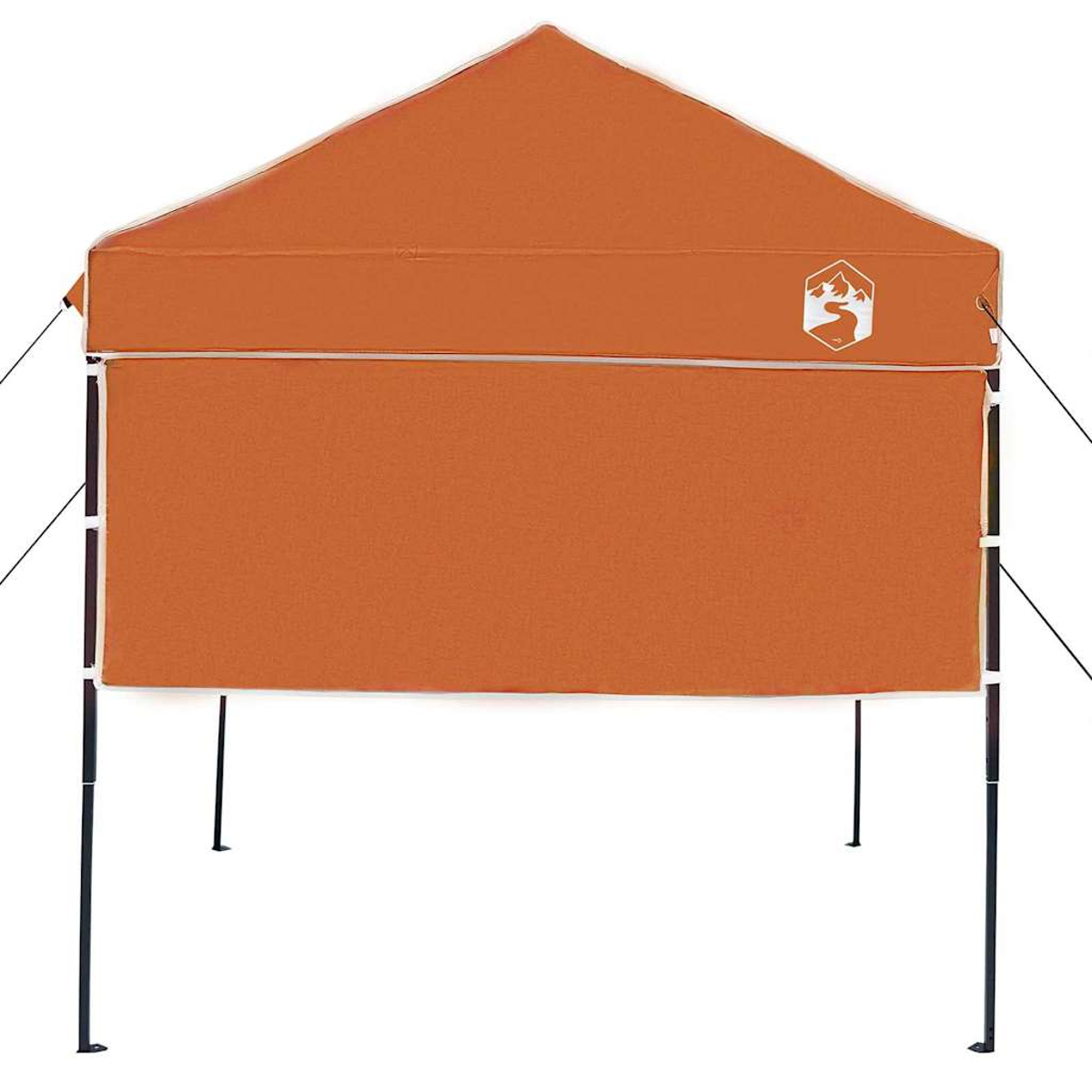 Una tenda pop-up arancione con contorno bianco e pali neri, su sfondo bianco. Presenta un logo sul davanti.