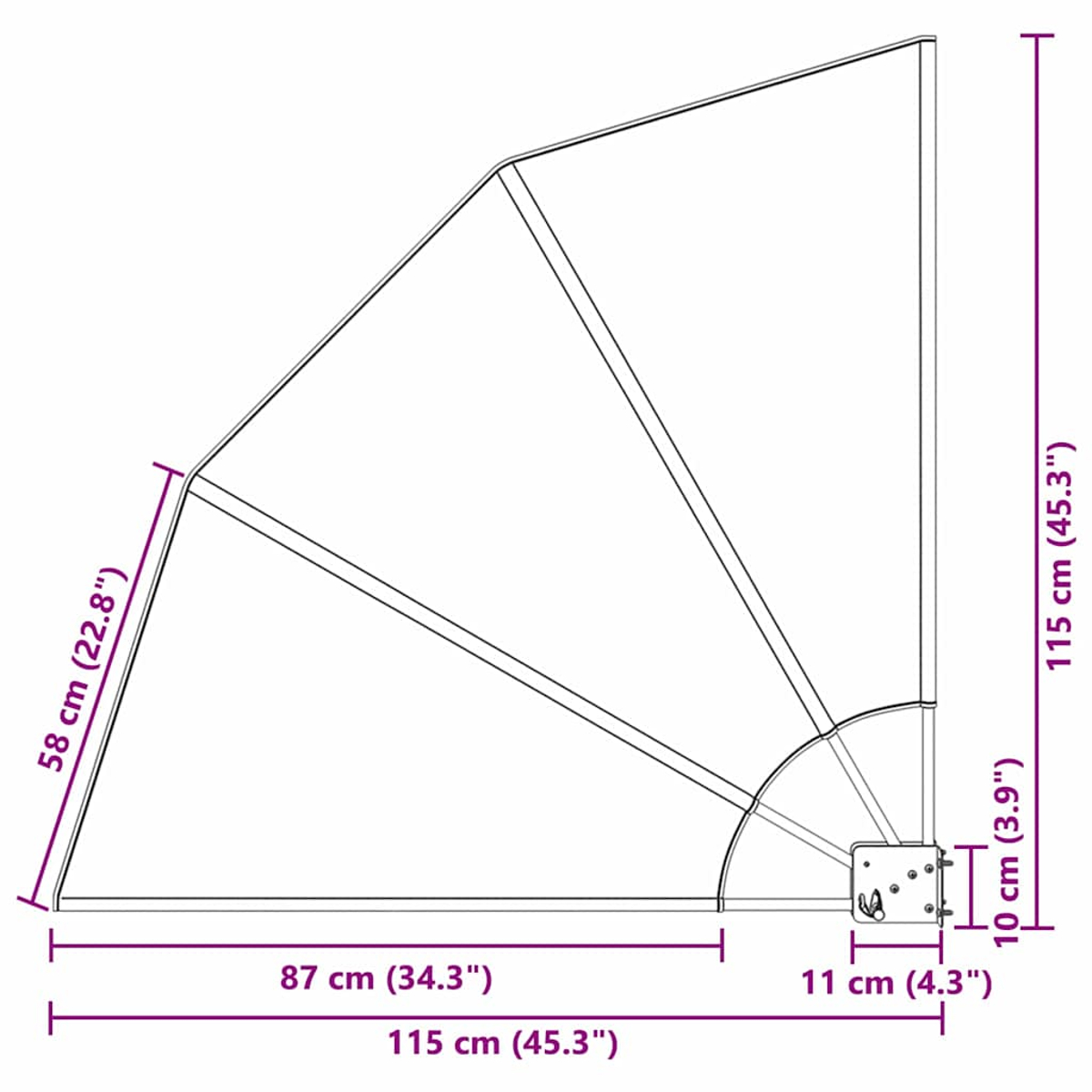 Diagramm einer Struktur mit Abmessungen. Zeigt einen Rahmen mit abgewinkelten und geraden Linien, beschriftet mit Maßen in cm und Zoll.