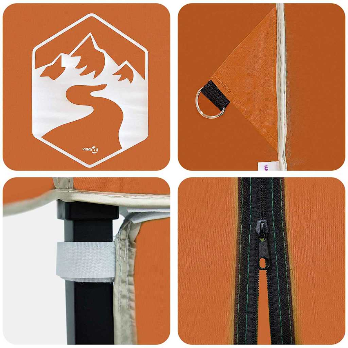 Oranger Zeltstoff mit Berglogo, Metallring, Reißverschluss und Klettverschlüssen. Nahaufnahmen der Zeltdetails.