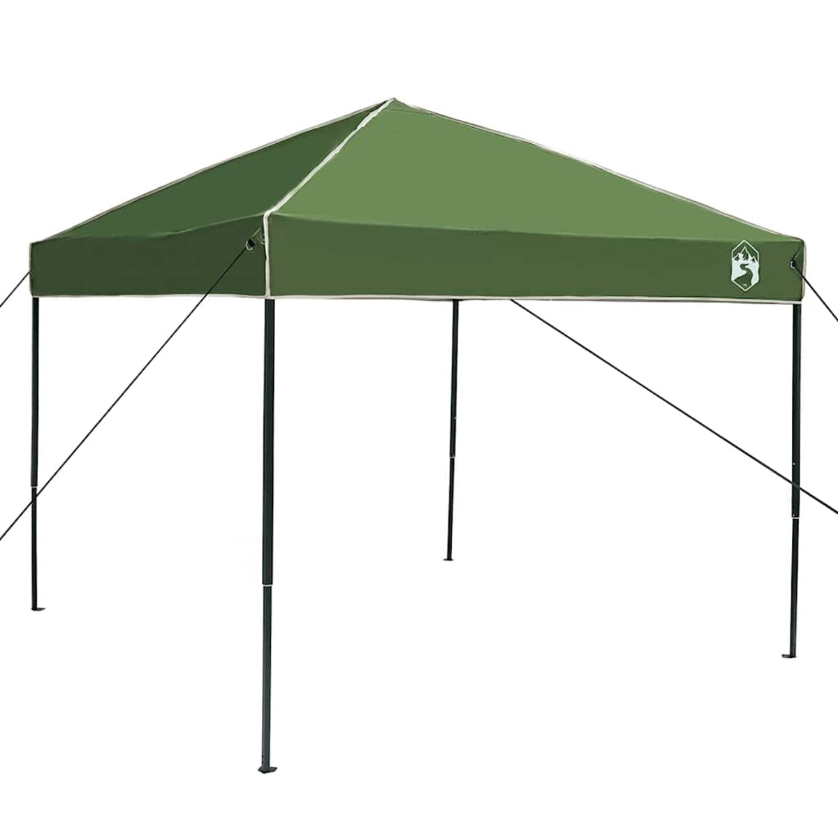 Un tendone verde pop-up con contorno bianco e pali di supporto neri è allestito su sfondo bianco.