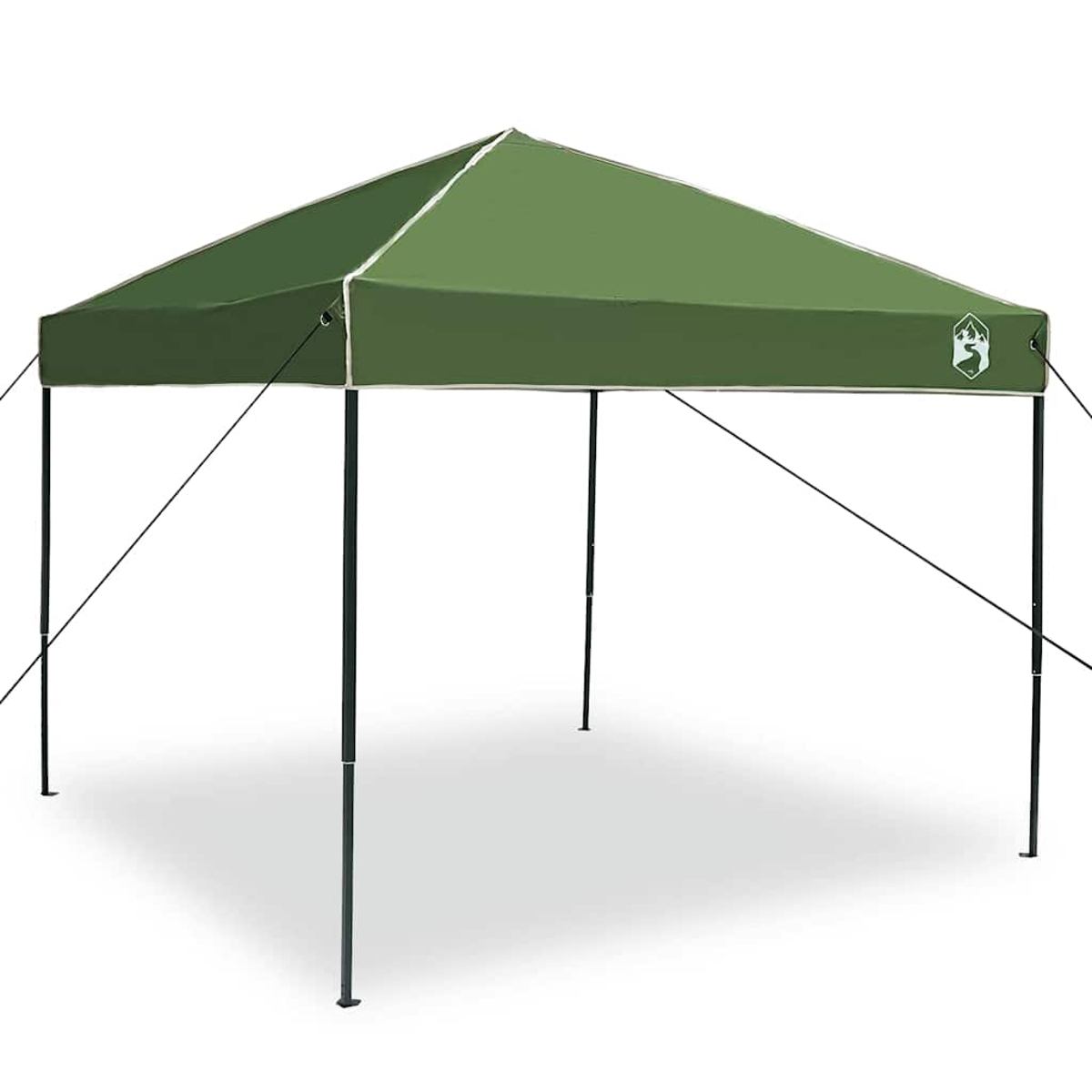 Un gazebo verde con finiture bianche, pali neri e tiranti, che proietta un'ombra su uno sfondo bianco.