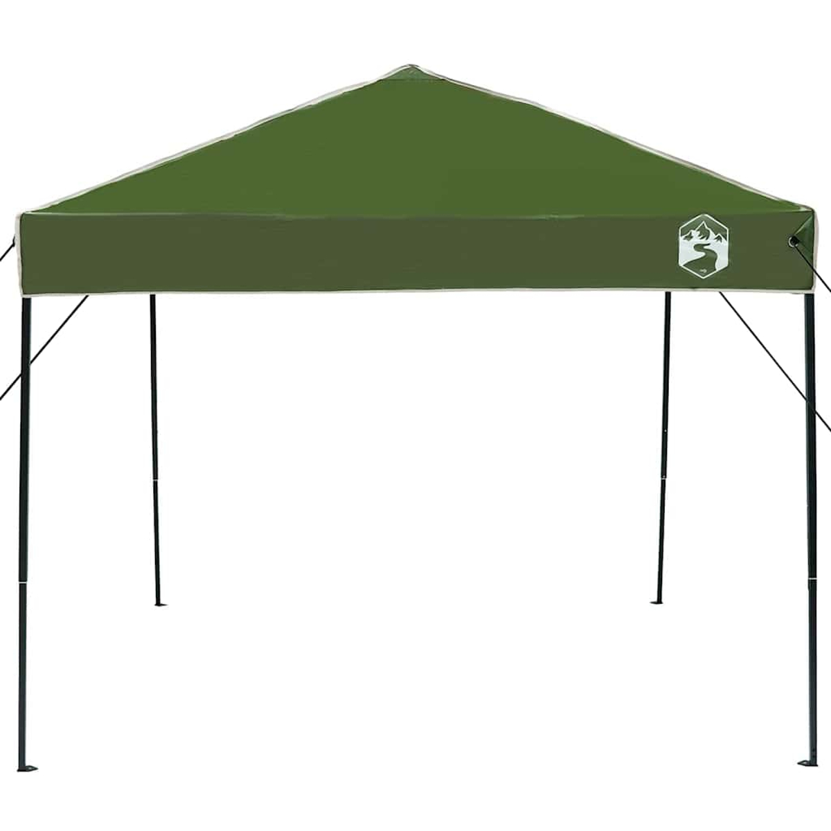 Tenda con tettoia verde con pali neri e logo bianco. La tenda è su sfondo bianco.
