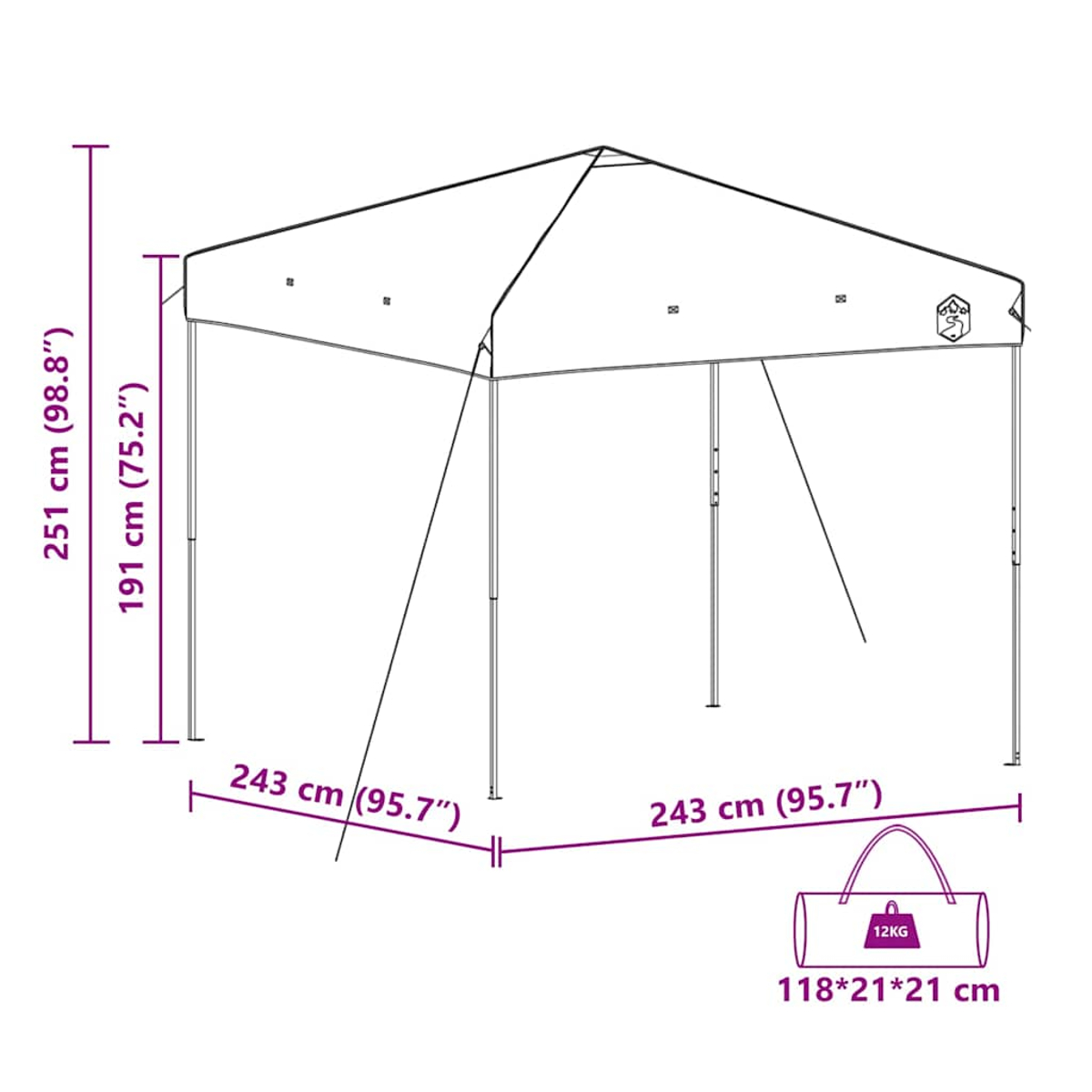 Diagramma di un gazebo con dimensioni. Include altezza, larghezza e una borsa da trasporto con dimensioni e peso.