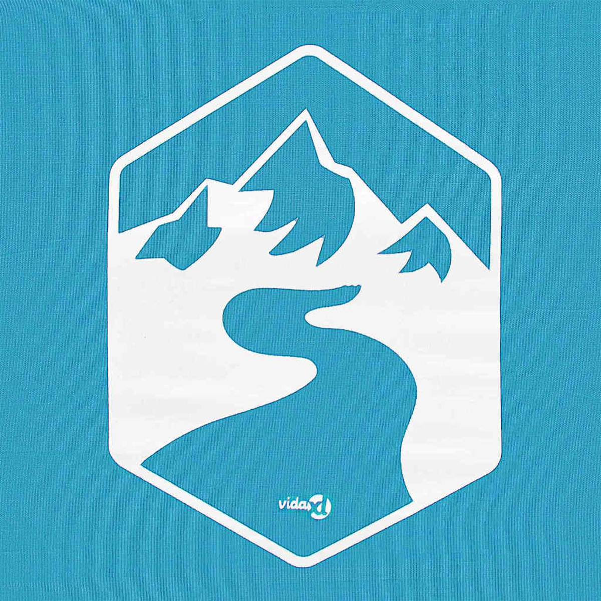 Grafica bianca di montagna e fiume all'interno di un esagono, su sfondo turchese. Il marchio 'vida' è in basso a destra.