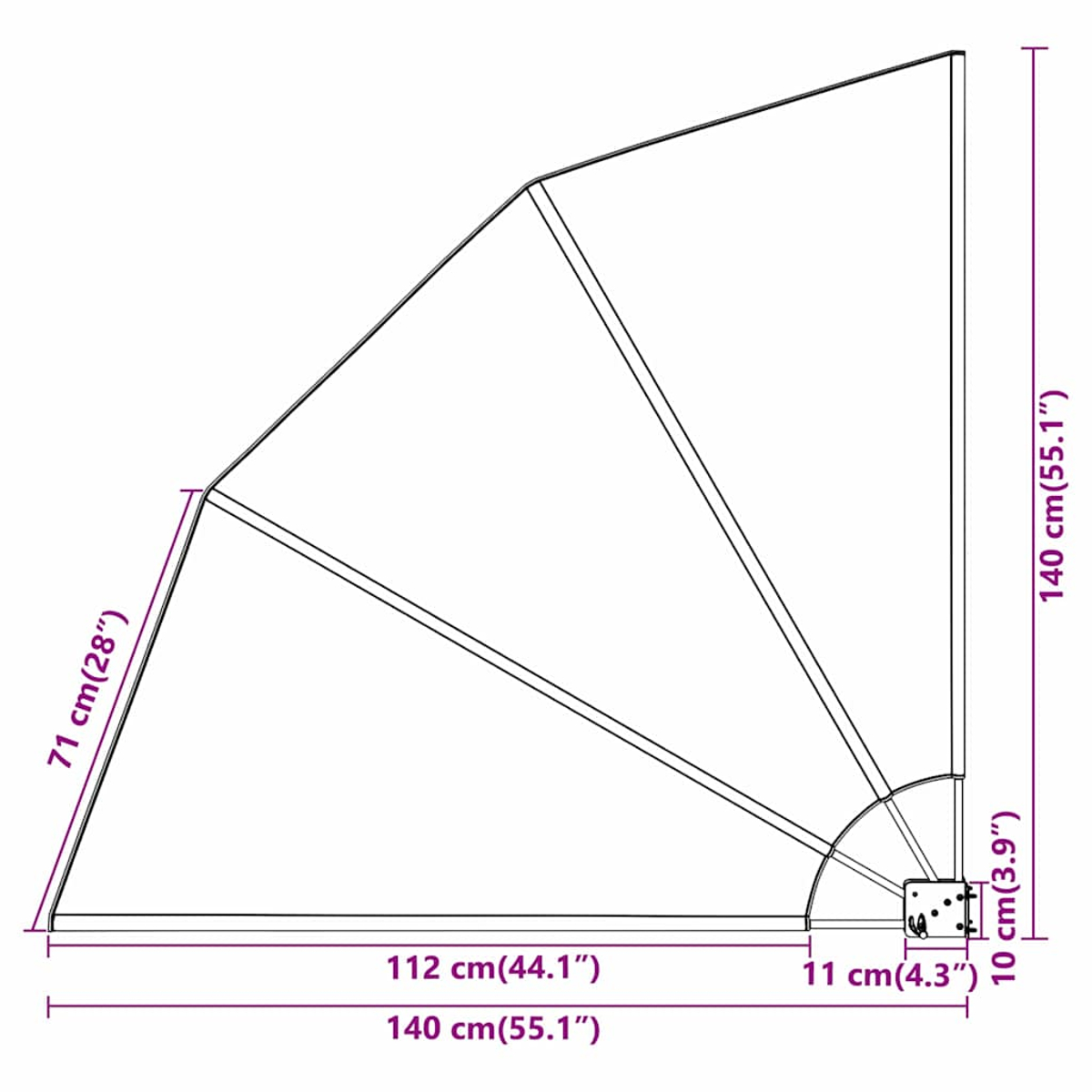 Diagramm mit Dreieck und Abmessungen. Längen sind 140cm, 112cm, 71cm, 10cm und 11cm. Ein kleines Quadrat in der unteren rechten Ecke.