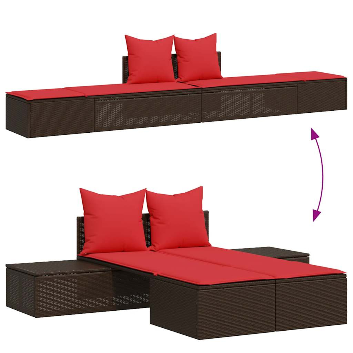 Zwei Rattansofas, eines montiert und eines teilweise zerlegt, mit roten Kissen und durch einen Pfeil verbunden.