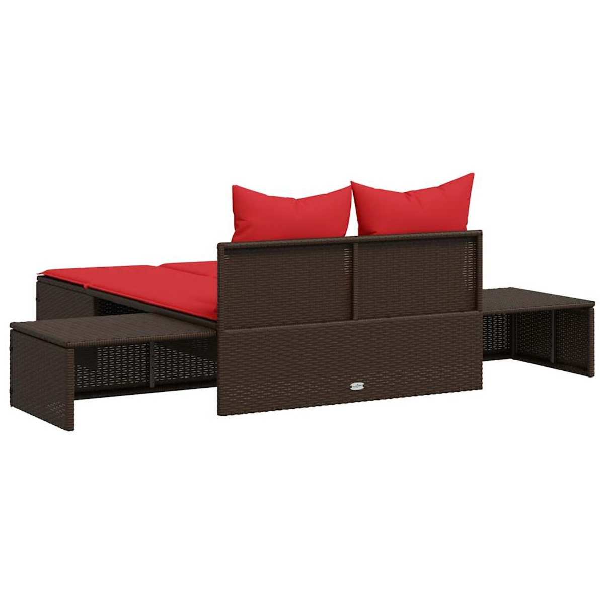 Brauner Outdoor-Schnitt mit roten Kissen. Enthält zwei Beistelltische. Weißer Hintergrund.