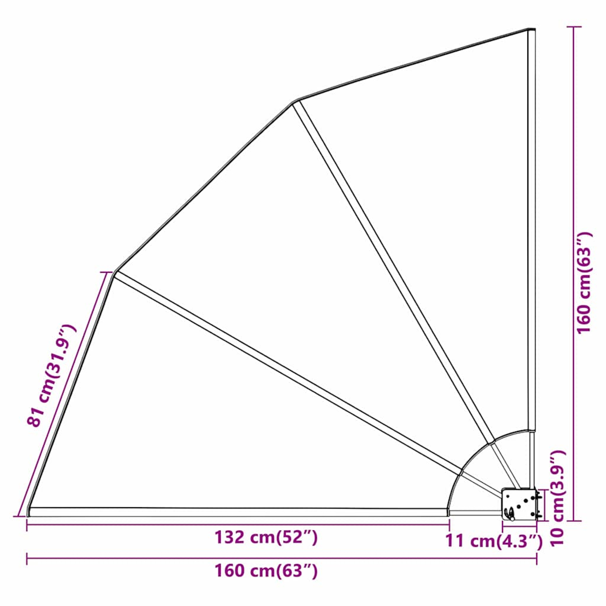Diagramm einer dreieckigen Struktur mit Maßangaben in cm und Zoll. Das Diagramm hat eine gebogene Basis und interne Stützlinien.