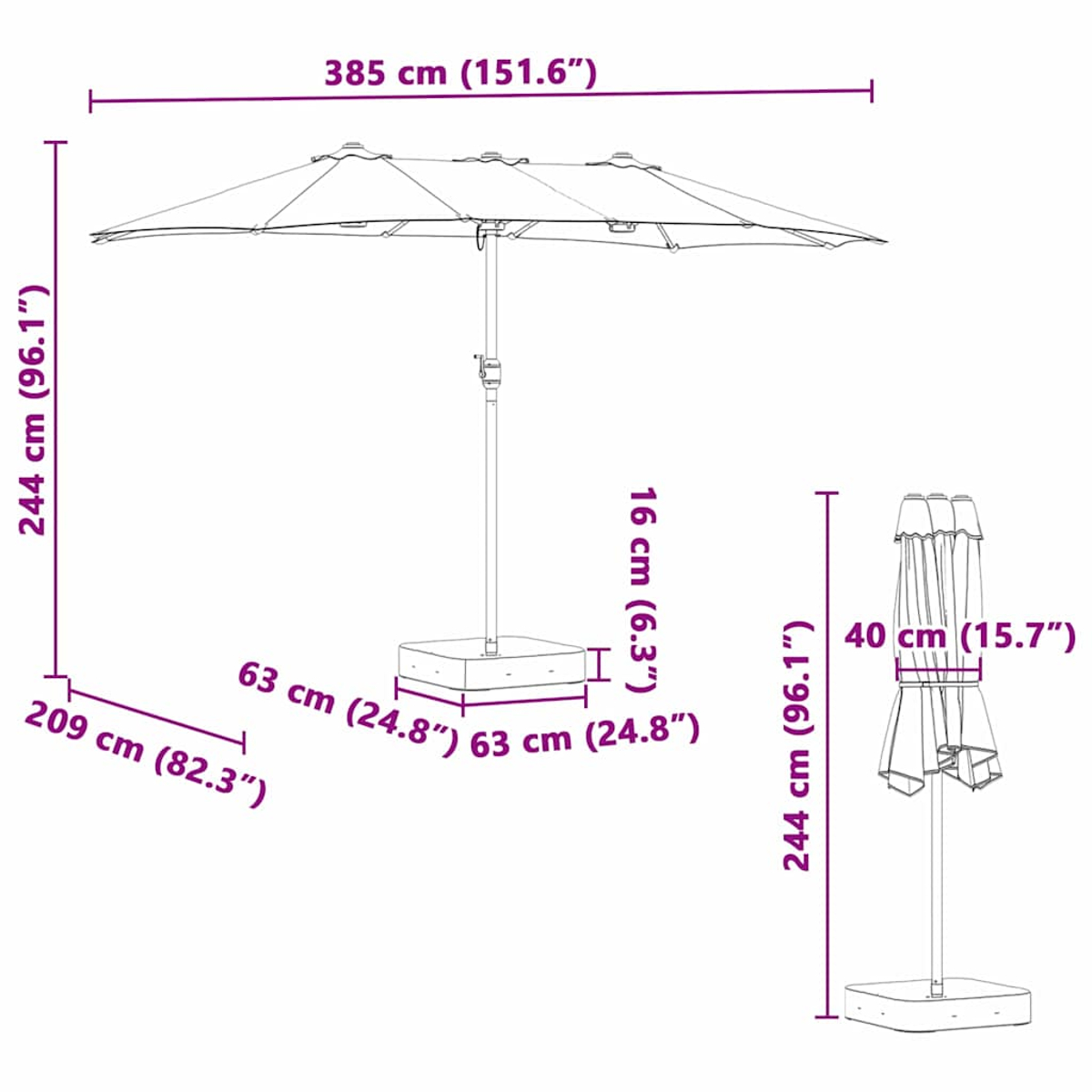Diagramma di un grande ombrellone con dimensioni. L'ombrellone è aperto, con misure in cm e pollici.