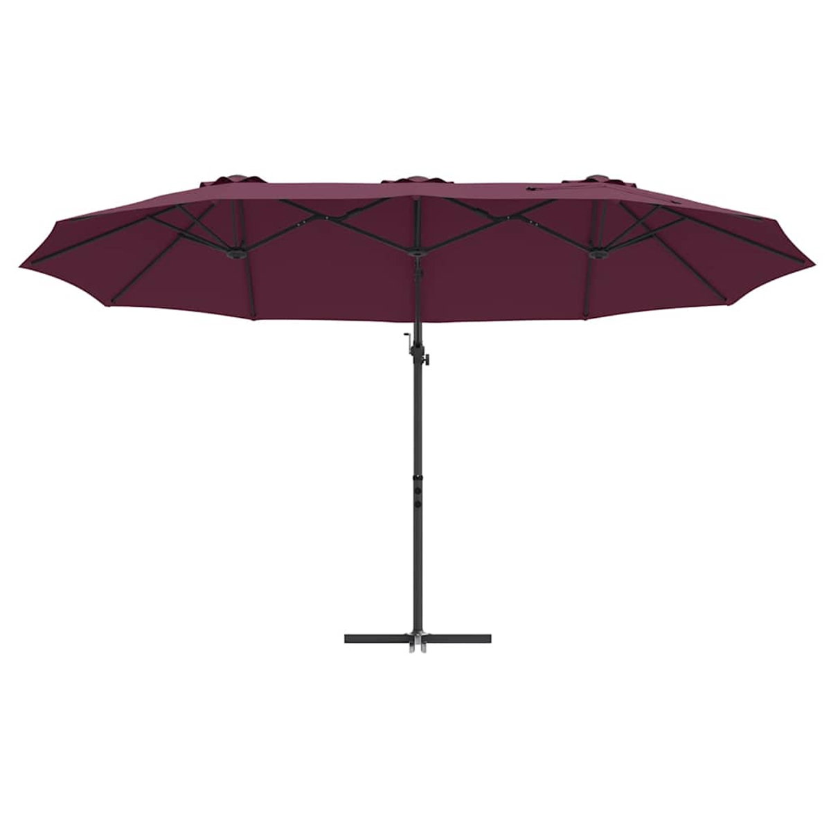 Grande ombrellone da patio bordeaux con struttura nera. È aperto e ha una forma rettangolare. Lo sfondo è bianco.