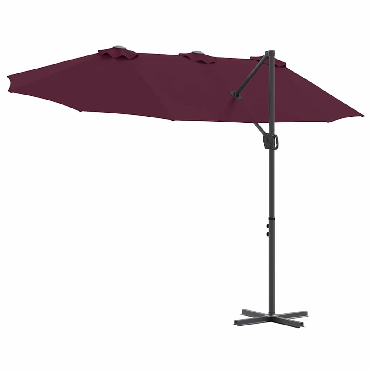 Un ombrellone da patio rettangolare bordeaux, con palo e base grigio scuro, su sfondo bianco.